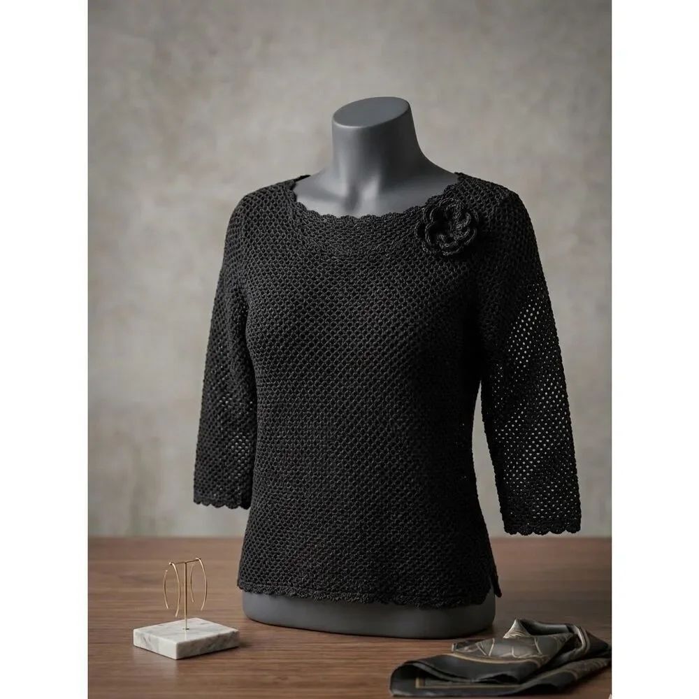 Boho Crochet Black Knit Sweater 3/4 Sleeve Scalloped Hem Floral Appliqué L